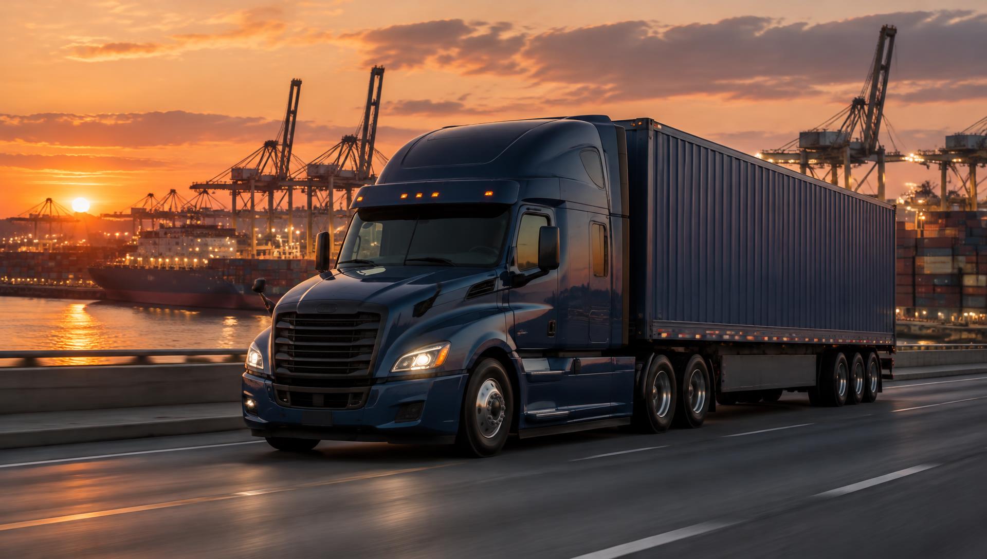 SwiftHaul truck on the highway at sunset